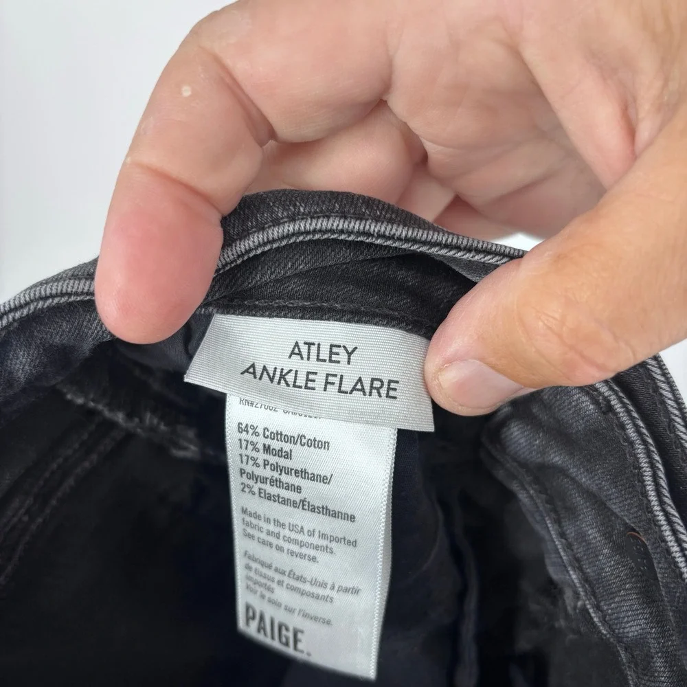 PAIGE Atley Ankle Flare Jeans Womens 26 Black Willow High Rise Raw Hem Frayed